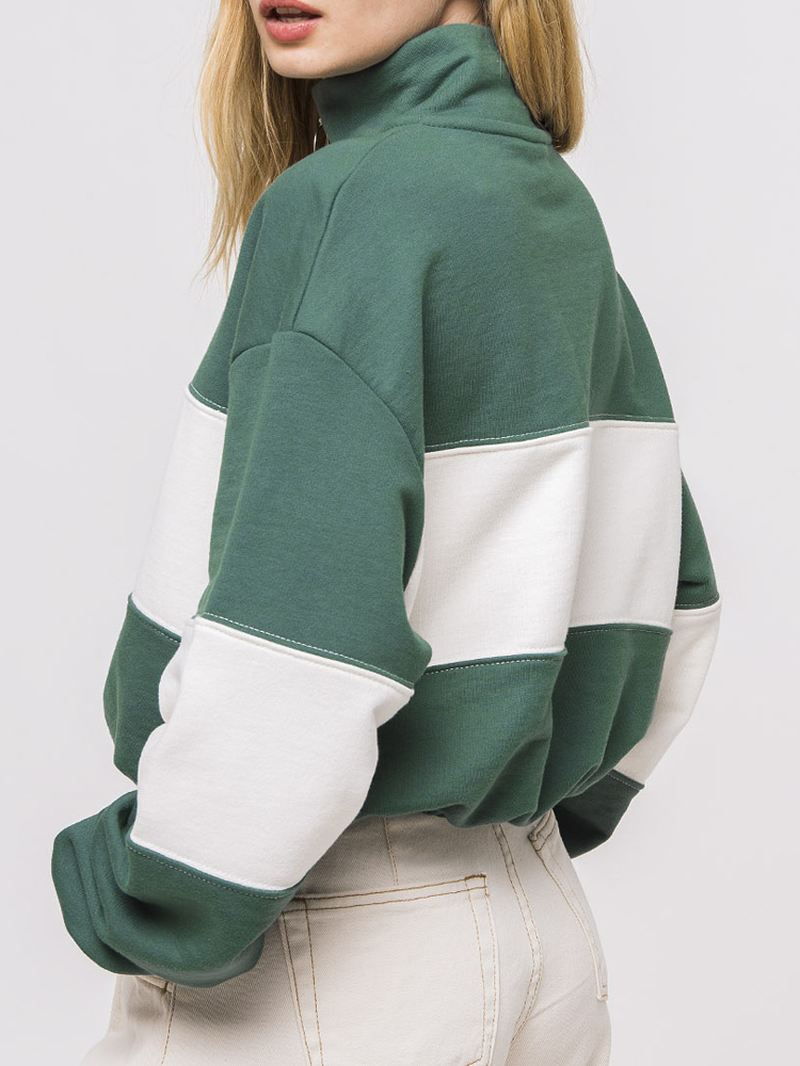 Kvinder Patchwork Pullover Halv Lynlås Forreste Langærmede Hættetrøjer