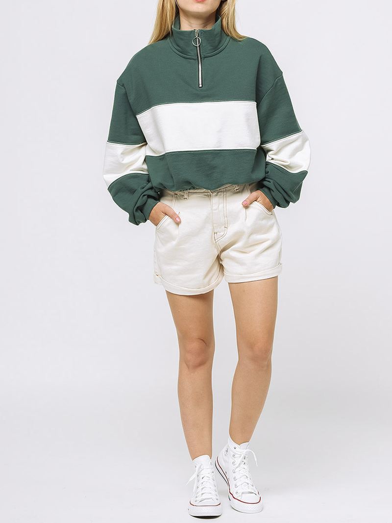 Kvinder Patchwork Pullover Halv Lynlås Forreste Langærmede Hættetrøjer