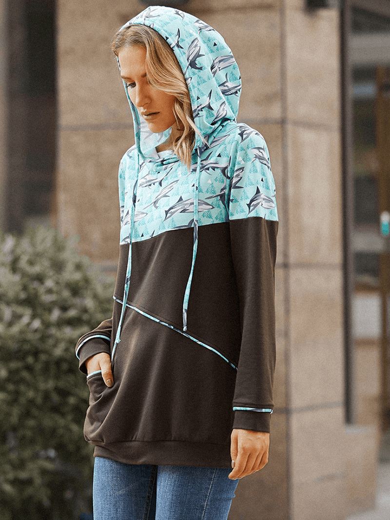 Kvinder Shark Med Tryk Patchwork Langærmet Casual Hættetrøjer Med Snøre