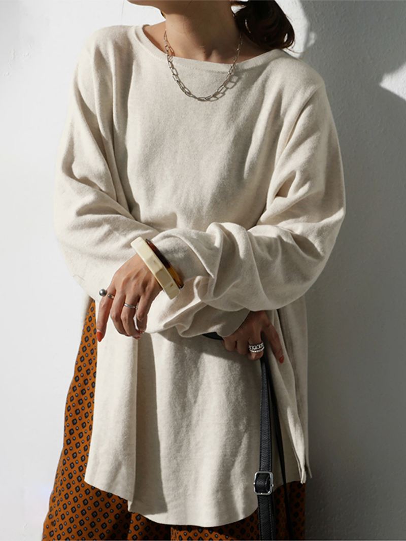 Kvinder Side Split Solid O-hals Retro Langærmet Pullover Sweatshirt