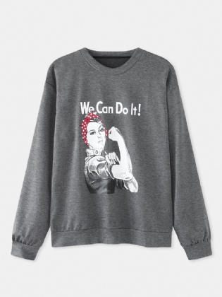 Kvinder Slogan Figur Med Tryk Rund Hals Afslappet Drop Skulder Sweatshirts