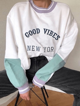 Kvinder Slogan Med Tryk Patchwork Strikning Rund Hals Pullover Drop Shoulder Sweatshirt