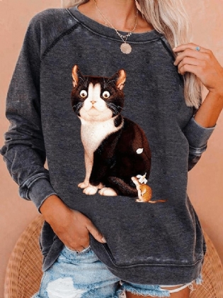 Kvinder Sød Kat Grafik Rund Hals Afslappet Raglan Ærmer Sweatshirts