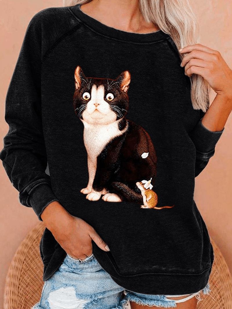 Kvinder Sød Kat Grafik Rund Hals Afslappet Raglan Ærmer Sweatshirts