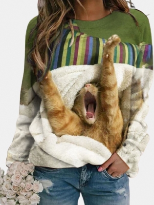 Kvinder Sød Kat Trykt Rund Hals Afslappet Raglan Ærmer Sweatshirts