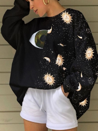 Kvinder Starry Sky & Eye Graphics Patchwork Sort Pullover Løse Sweatshirts
