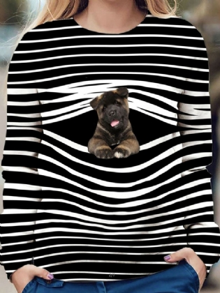 Kvinder Stripe 3d Dog Med Tryk Pullover O-hals Langærmede Casual Sweatshirts