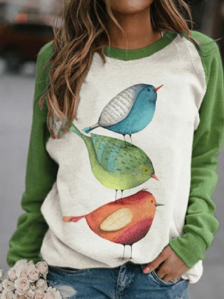 Kvinder Tegneserie Bird Med Tryk O-hals Raglan Ærmer Pullover Sweatshirts