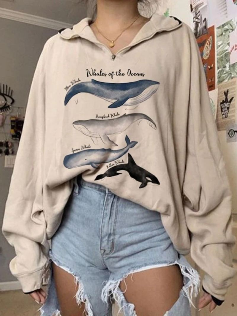 Kvinder Variety Whale Med Tryk Løs Pullover Langærmede Sweatshirts