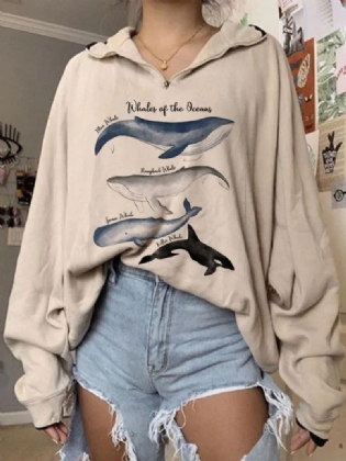 Kvinder Variety Whale Med Tryk Løs Pullover Langærmede Sweatshirts