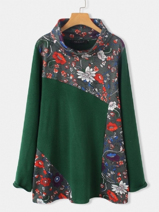 Kvinder Vintage Blomsterprint Patchwork Rullekrave Langærmede Sweatshirts