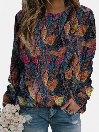 Kvinder Vintage Farverige Blade Trykt Rund Hals Langærmet Afslappet Sweatshirt