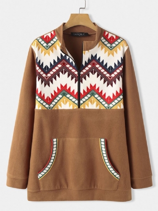 Kvinder Vintage Geometrisk Tryk Halv Lynlås Polar Fleece Sweatshirts Med Pose Lomme