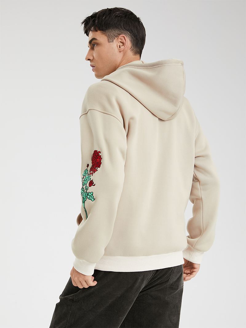 Mænd Broderi Blomster Med Tryk Letter Kængurulomme Snøre Afslappet Hættetrøje