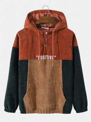 Mænd Corduroy Patchwork Kontrastfarve Broderi Letter Hættetrøje