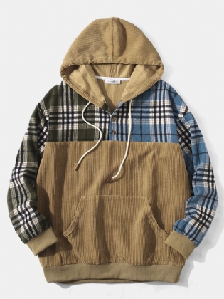 Mænd Corduroy Plaid Patchwork Kangaroo Pocket Button Sweatshirt