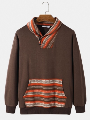 Mænd Der Splejser Etnisk Stil Med Knapkrave Kænguru-lomme-trøje Sweatshirt