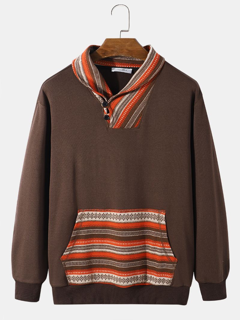 Mænd Der Splejser Etnisk Stil Med Knapkrave Kænguru-lomme-trøje Sweatshirt