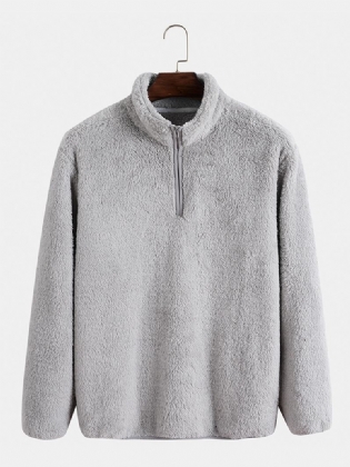 Mænd Double Side Plys Pure Solid Color Zip Stand Collar Pullover Sweatshirt