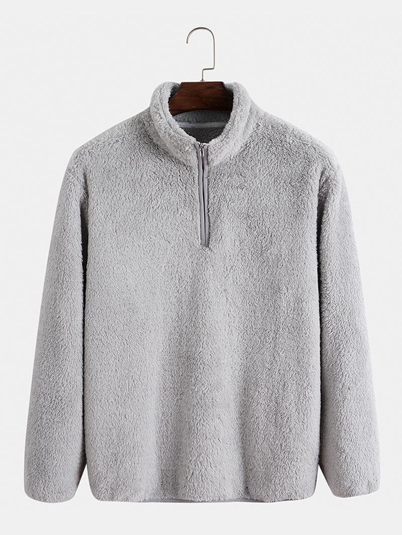 Mænd Double Side Plys Pure Solid Color Zip Stand Collar Pullover Sweatshirt