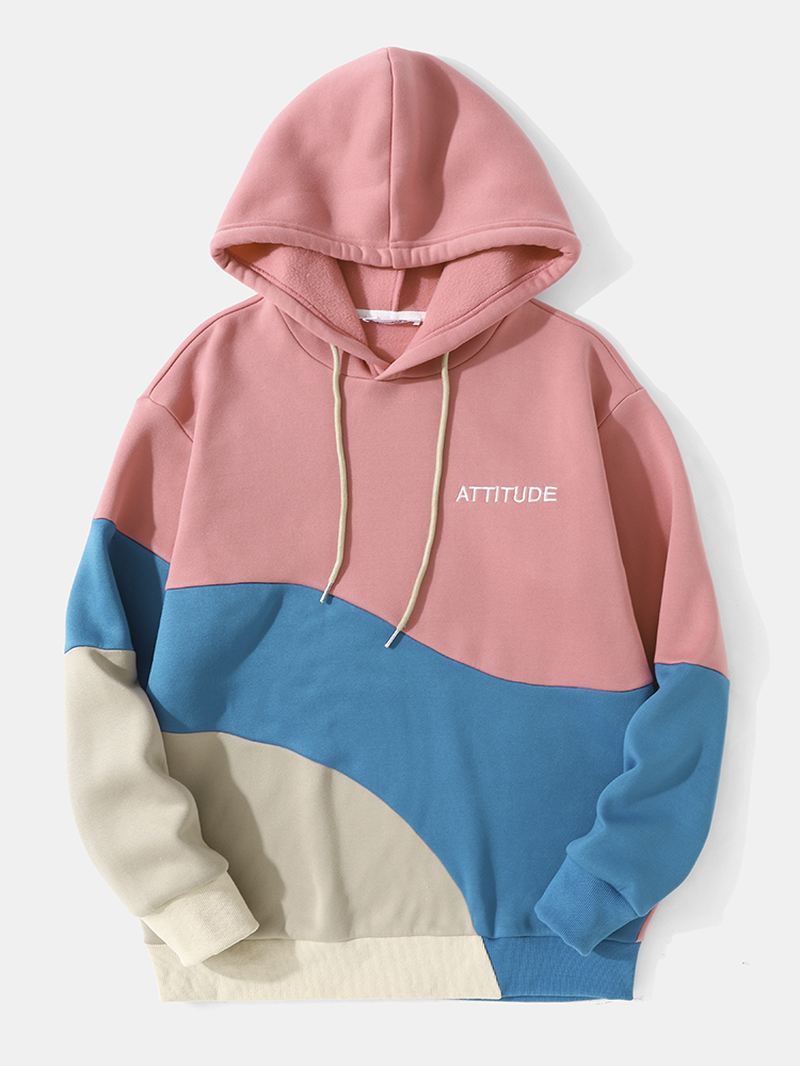 Mænd Patchwork Kontrast Farve Blok Bogstav Snøre Hætte Sweater