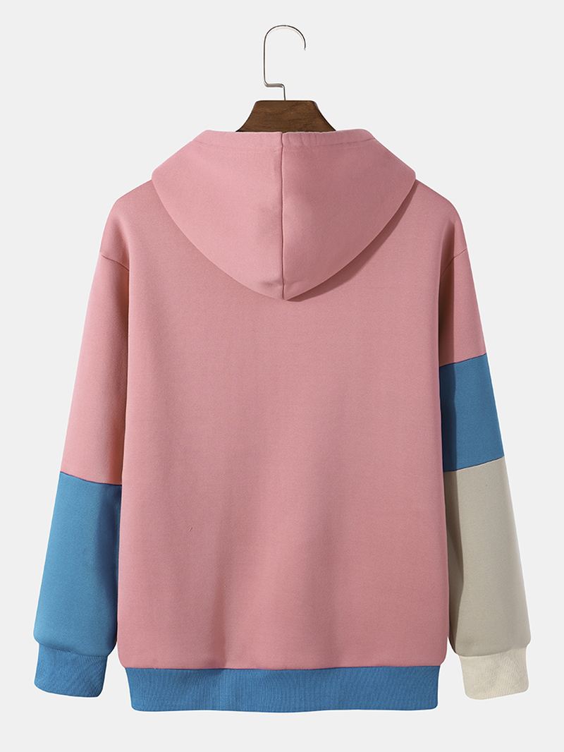 Mænd Patchwork Kontrast Farve Blok Bogstav Snøre Hætte Sweater