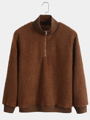 Mænd Teddy Fleece Højhals Ensfarvet Halv Zip Pullover Casual Sweatshirt