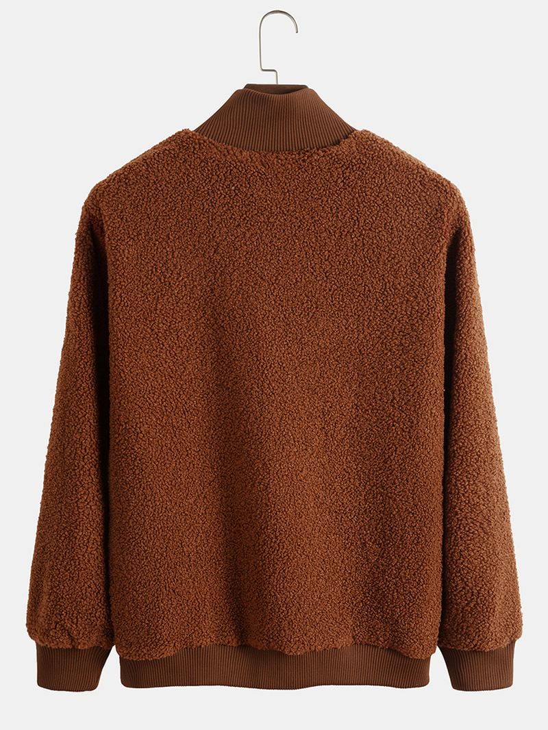 Mænd Teddy Fleece Højhals Ensfarvet Halv Zip Pullover Casual Sweatshirt
