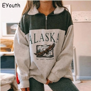 Mode Damebomuld Standkrave Halv Lynlås Bogstavtryk Lange Ærmer Sweatshirts Vintage Grå Afslappet Løs Sweatshirt