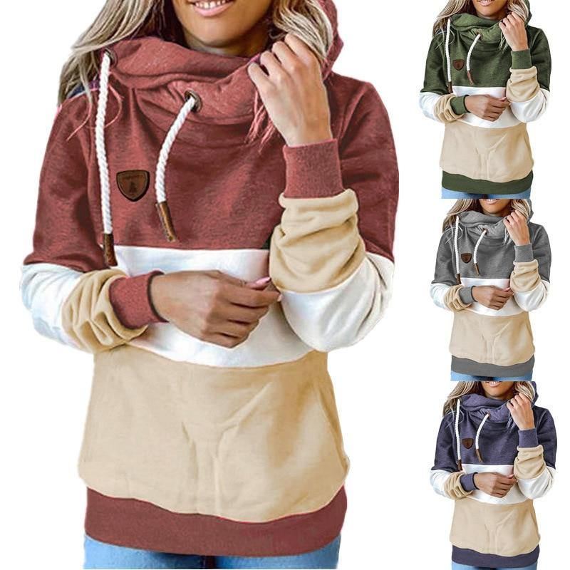 Vinter Kvinder Kontrastsøm Rullekrave Med Hætte Casual Solid Kontrast Langærmet Hættetrøje Sweatshirt Toppe