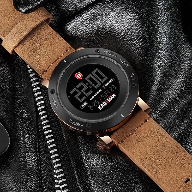 Casual Herreur Vandtæt Lysende Uge Dato Display Lcd Læderrem Digital Watch