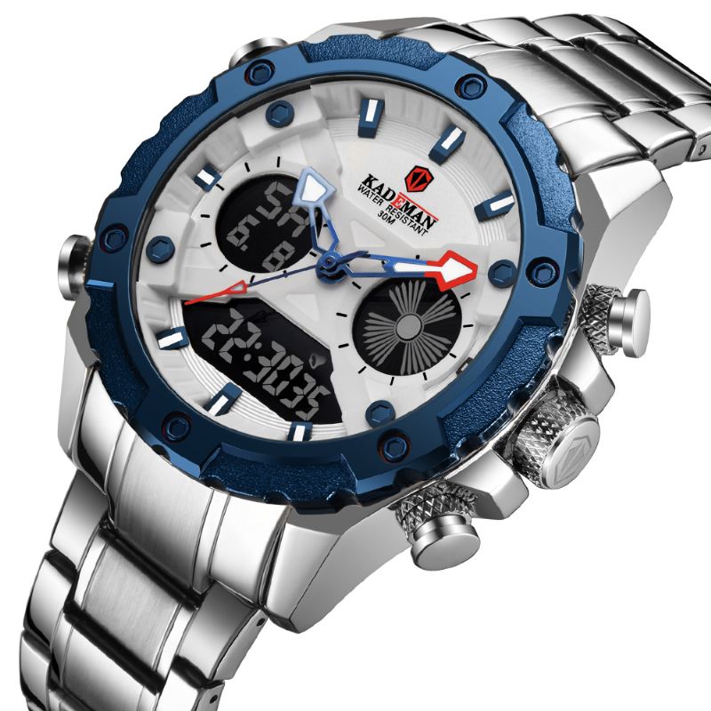 Mænd Mode Rustfrit Stål Vækkeur Lysende Display Vandtæt Ur Dual Display Digital Watch