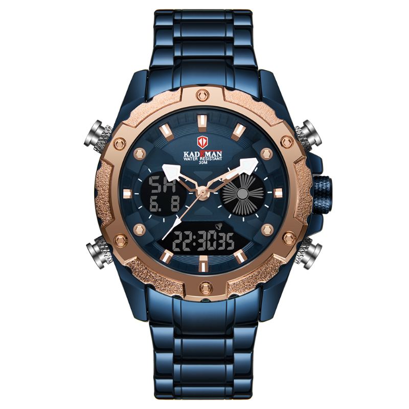 Mænd Mode Rustfrit Stål Vækkeur Lysende Display Vandtæt Ur Dual Display Digital Watch