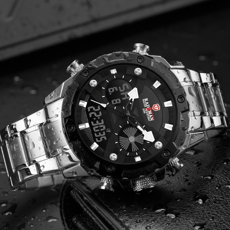 Mænd Mode Rustfrit Stål Vækkeur Lysende Display Vandtæt Ur Dual Display Digital Watch