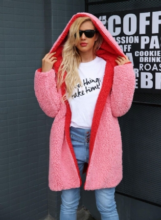 Bamsejakke Med Hætte Pink Pelsjakke Kvinder Plus Size Lammeuld Lang Vinterfrakke Håret Imiteret Pelsjakke Til Kvinder