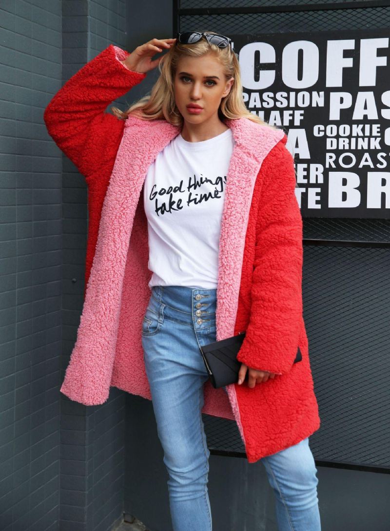 Bamsejakke Med Hætte Pink Pelsjakke Kvinder Plus Size Lammeuld Lang Vinterfrakke Håret Imiteret Pelsjakke Til Kvinder