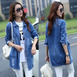 Basic Lange Jeans Frakker Kvinder Slank Ripped Denim Jakke Femme Elegant Vintage Flossede Jakker Outwear Casacos Feminino