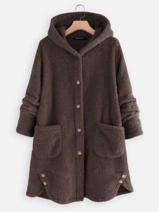 Casual Button Fleece Side Button Lommer Hættefrakker Til Kvinder