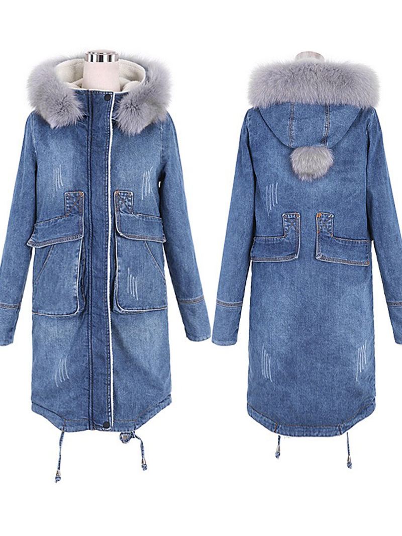 Casual Kvinder Imiteret Pels Krave Dobbelt Lomme Tyk Denim Frakke
