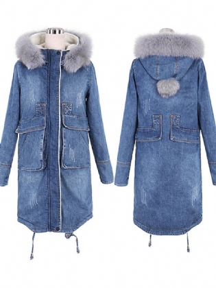 Casual Kvinder Imiteret Pels Krave Dobbelt Lomme Tyk Denim Frakke
