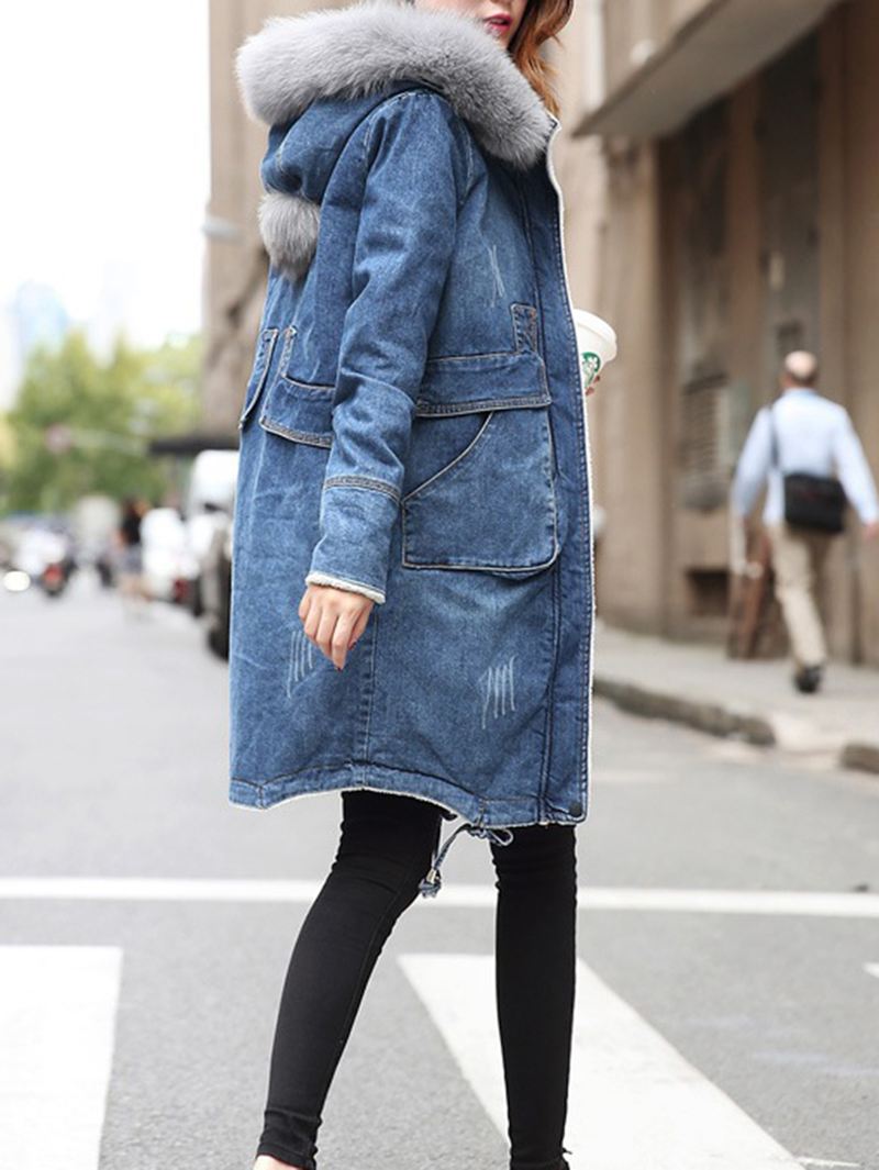 Casual Kvinder Imiteret Pels Krave Dobbelt Lomme Tyk Denim Frakke