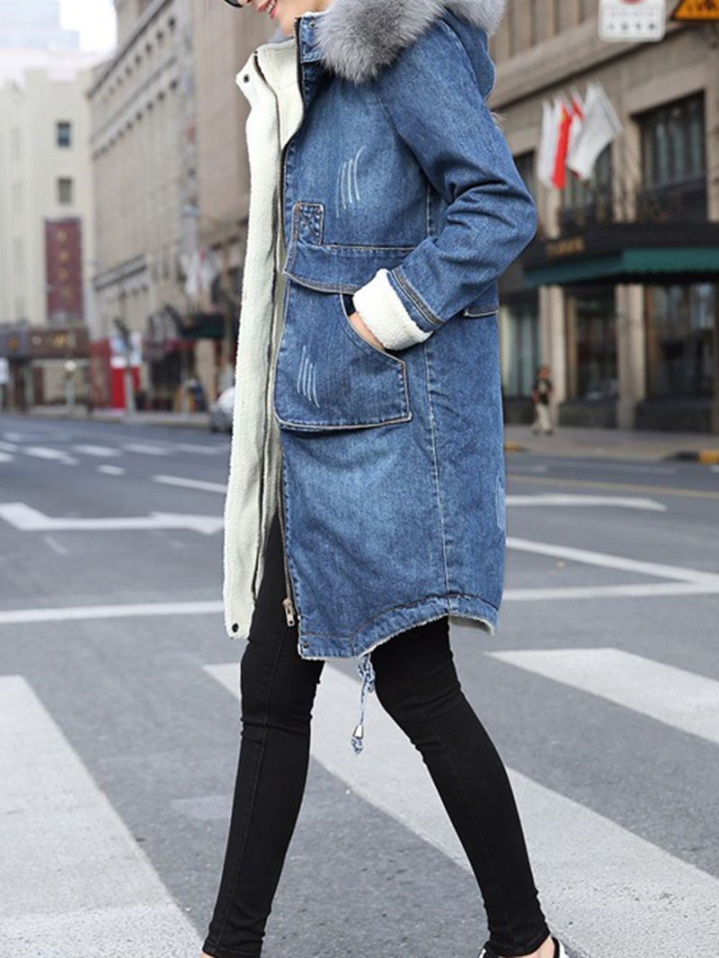 Casual Kvinder Imiteret Pels Krave Dobbelt Lomme Tyk Denim Frakke