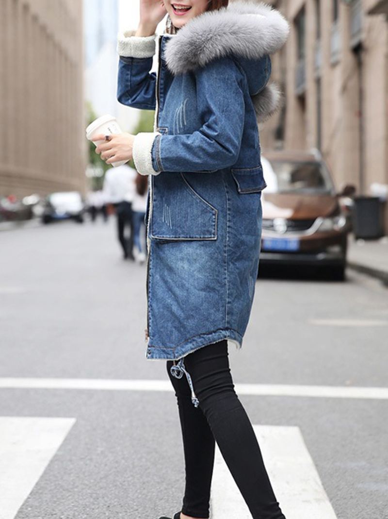 Casual Kvinder Imiteret Pels Krave Dobbelt Lomme Tyk Denim Frakke