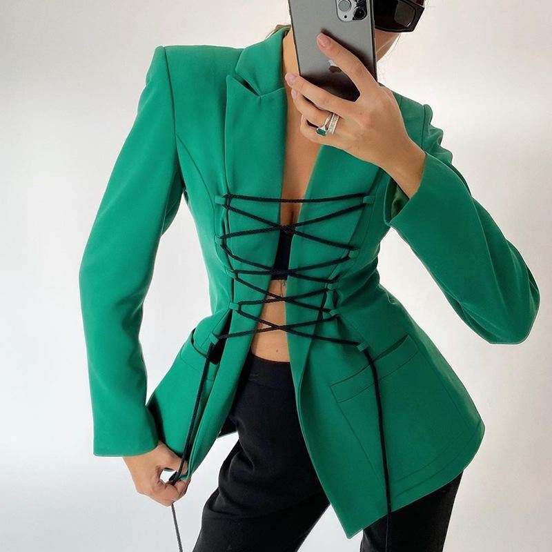 Efterår Vinter Stilfuld Bandage Overdele Frakke Til Kvinder Ensfarvet Casual Jakker Elegant Kontor Dame Streetwear Jakke Kvinde
