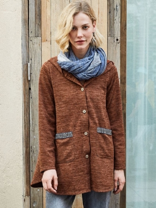 Ensfarvet Sideknap Med Tryk Patchwork Langærmede Frakker