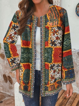 Etnisk Stil Blomsterprint Patchwork Langærmede Vintage Frakker Med Lommer
