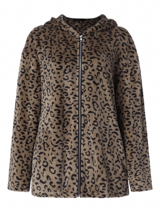 Kvinder Casual Zip Up Leopard Med Tryk Hættefrakker