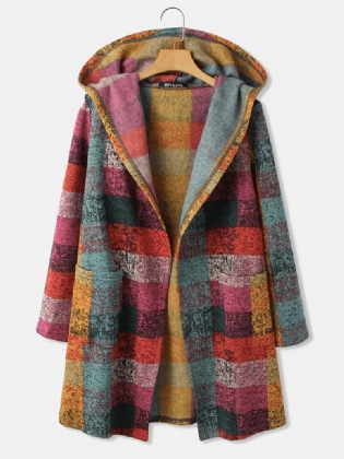 Kvinder Farverige Plaid Åben Front Dobbelt Lomme Casual Hættetrøje Cardigan Frakker