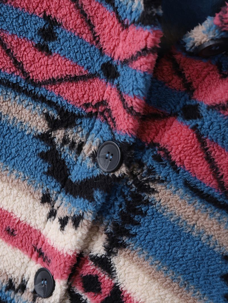 Kvinder Fluffy Etnisk Mønster Pocket Home Wear Hooded Lam Casual Jakker