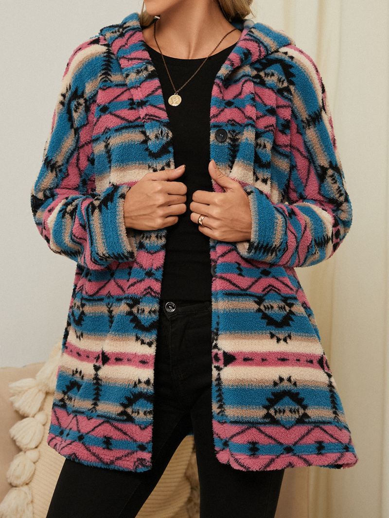 Kvinder Fluffy Etnisk Mønster Pocket Home Wear Hooded Lam Casual Jakker